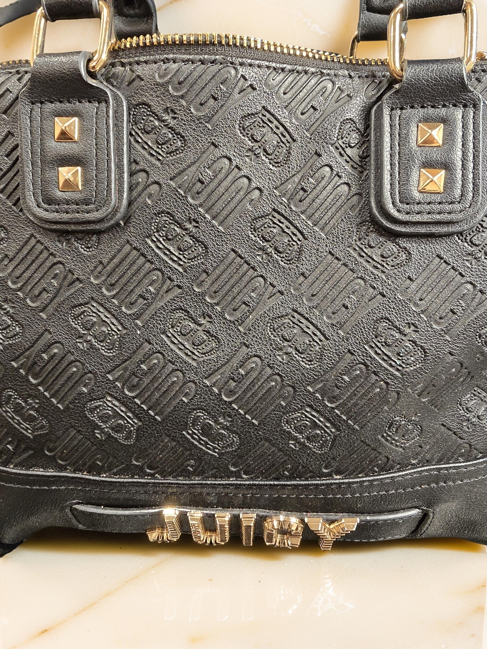 Juicy Couture Fame Satchel Black Debossed Monogram Speedy Bag - Picture 2 of 13